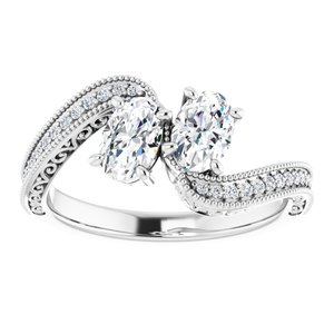 14K White Gold 6x4 mm Oval Two-Stone Accented Engagement Ring. 123121:675:P