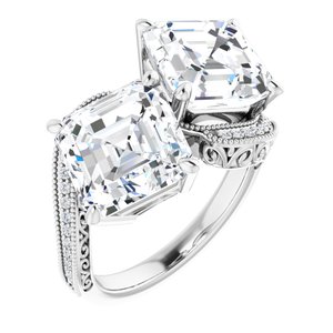 14K White Gold 9 mm Asscher Two-Stone Accented Engagement Ring. 123121:900:P