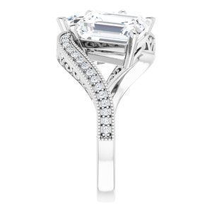 14K White Gold 9x7 mm Emerald Two-Stone Accented Engagement Ring. 123121:990:P