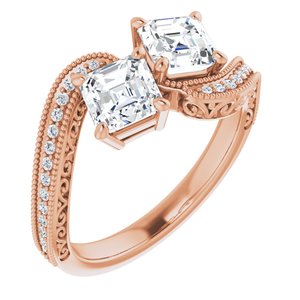 14K Rose Gold 5 mm Asscher Two-Stone Accented Engagement Ring. 123121:839:P