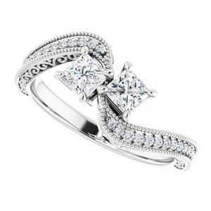 14K White Gold 3.5 mm Square Two-Stone Accented Engagement Ring. 123121:1080:P