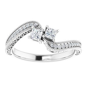 14K White Gold 2.8x2.8 mm Square Two-Stone Accented Engagement Ring. 123121:1035:P
