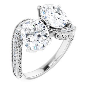 14K White Gold 9x7 mm Oval Two-Stone Accented Engagement Ring. 123121:720:P