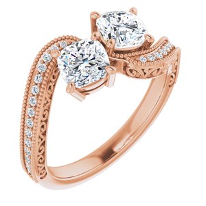 14K Rose Gold 5 mm Cushion Two-Stone Accented Engagement Ring. 123121:749:P