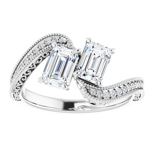 14K White Gold 6x4 mm Emerald Two-Stone Accented Engagement Ring. 123121:945:P