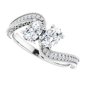 14K White Gold 6x4 mm Oval Two-Stone Accented Engagement Ring. 123121:675:P