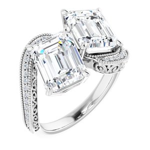 14K White Gold 9x7 mm Emerald Two-Stone Accented Engagement Ring. 123121:990:P