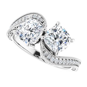 14K White Gold 6 mm Cushion Two-Stone Accented Engagement Ring. 123121:765:P