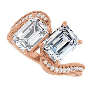 14K Rose Gold 8x6 mm Emerald Two-Stone Accented Engagement Ring. 123121:974:P