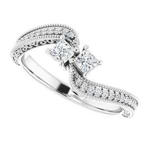 14K White Gold 2.8x2.8 mm Square Two-Stone Accented Engagement Ring. 123121:1035:P