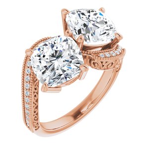 14K Rose Gold 8 mm Cushion Two-Stone Accented Engagement Ring. 123121:794:P