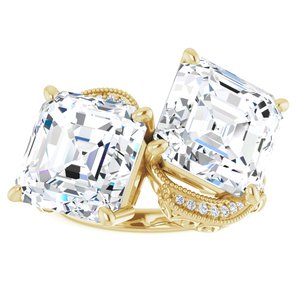14K Yellow Gold 10 mm Asscher Two-Stone Accented Engagement Ring. 123121:916:P