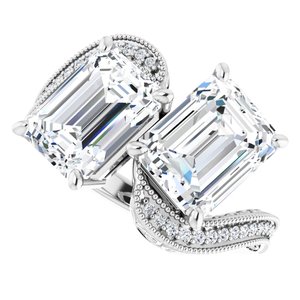14K White Gold 9x7 mm Emerald Two-Stone Accented Engagement Ring. 123121:990:P