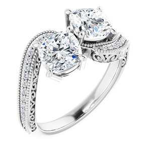 14K White Gold 6 mm Cushion Two-Stone Accented Engagement Ring. 123121:765:P
