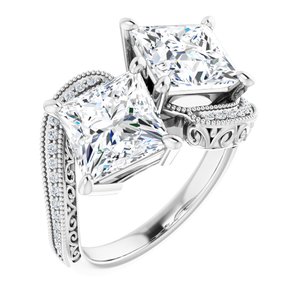 14K White Gold 7.5 mm Square Two-Stone Accented Engagement Ring. 123121:1215:P
