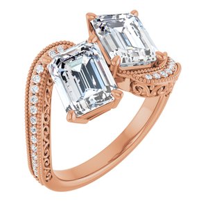 14K Rose Gold 8x6 mm Emerald Two-Stone Accented Engagement Ring. 123121:974:P