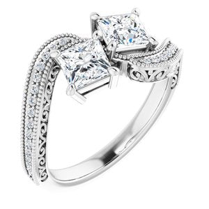 14K White Gold 4.5 mm Square Two-Stone Accented Engagement Ring. 123121:1125:P