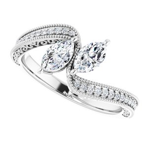 14K White Gold 6x3.5 mm Marquise Two-Stone Accented Engagement Ring. 123121:1290:P