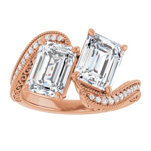 14K Rose Gold 8x6 mm Emerald Two-Stone Accented Engagement Ring. 123121:974:P