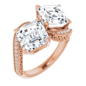 14K Rose Gold 8 mm Asscher Two-Stone Accented Engagement Ring. 123121:884:P