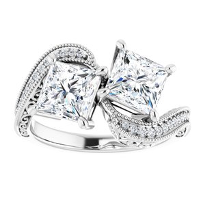 14K White Gold 6 mm Square Two-Stone Accented Engagement Ring. 123121:1170:P