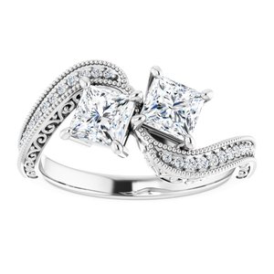 14K White Gold 4.5 mm Square Two-Stone Accented Engagement Ring. 123121:1125:P