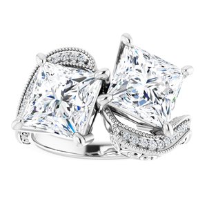 14K White Gold 7.5 mm Square Two-Stone Accented Engagement Ring. 123121:1215:P