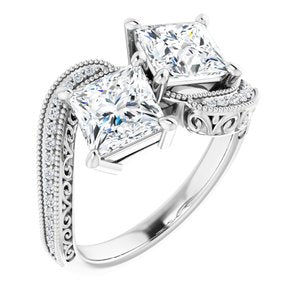 14K White Gold 6 mm Square Two-Stone Accented Engagement Ring. 123121:1170:P