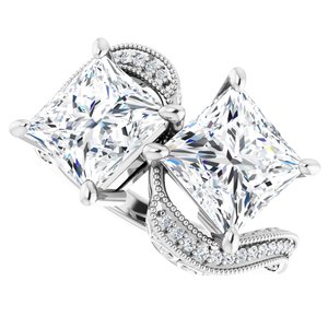 14K White Gold 7.5 mm Square Two-Stone Accented Engagement Ring. 123121:1215:P