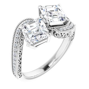14K White Gold 6 mm Asscher Two-Stone Accented Engagement Ring. 123121:855:P