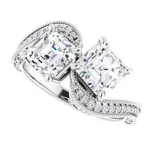 14K White Gold 6 mm Asscher Two-Stone Accented Engagement Ring. 123121:855:P