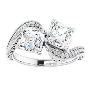 14K White Gold 6 mm Asscher Two-Stone Accented Engagement Ring. 123121:855:P