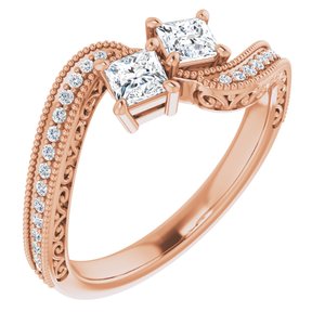 14K Rose Gold 3.3x3.3 mm Square Two-Stone Accented Engagement Ring. 123121:1064:P