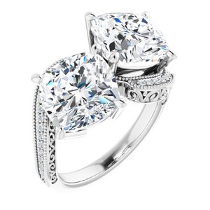 14K White Gold 9 mm Cushion Two-Stone Accented Engagement Ring. 123121:810:P