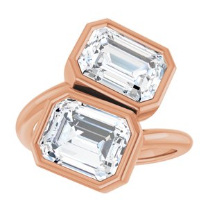 14K Rose Gold 9x7 mm Emerald Bezel-Set Two Stone Engagement Ring. 123099:496:P