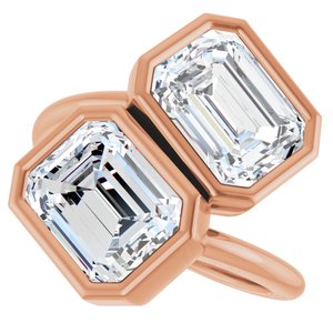 14K Rose Gold 9x7 mm Emerald Bezel-Set Two Stone Engagement Ring. 123099:496:P
