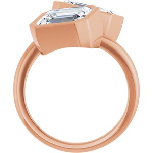 14K Rose Gold 9x7 mm Emerald Bezel-Set Two Stone Engagement Ring. 123099:496:P