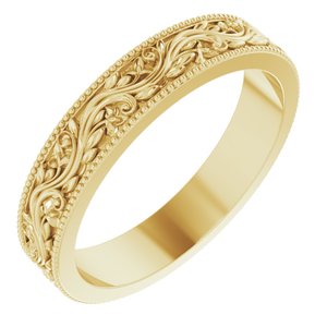 14K Yellow Gold 4 mm Milgrain Edge Floral Flat Band. 51877:132:P