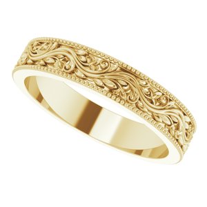 14K Yellow Gold 4 mm Milgrain Edge Floral Flat Band. 51877:132:P