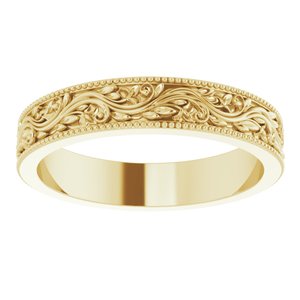 14K Yellow Gold 4 mm Milgrain Edge Floral Flat Band. 51877:132:P