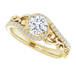 14K Yellow Gold 5.2 mm Round Accented Sculptural Engagement Ring. 124028:151:P