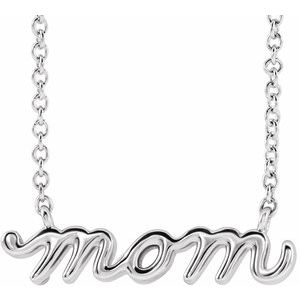 14K White Gold Petite Mom Script 16" Necklace. 87396:110:P