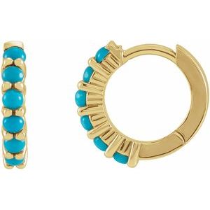 14K Yellow Gold Natural Turquoise Cabochon Hinged 12.2 mm Hoop Earrings. 87181:103:P