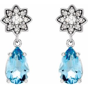 14K White Gold Aquamarine & 1/6 CTW Diamond Cluster Earrings