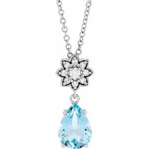 14K White Gold Natural Aquamarine & .08 CTW Diamond 16-18" Necklace