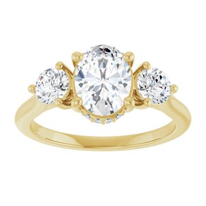 14K Yellow Gold 8x6 mm Oval Three-Stone Hidden Halo-Style Engagement Ring. 124744:976:P