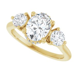 14K Yellow Gold 8x6 mm Oval Three-Stone Hidden Halo-Style Engagement Ring. 124744:976:P