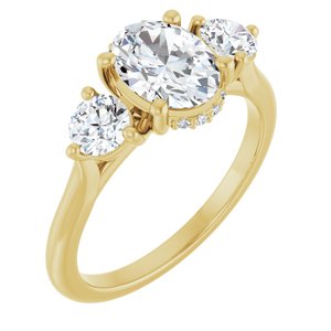 14K Yellow Gold 8x6 mm Oval Three-Stone Hidden Halo-Style Engagement Ring. 124744:976:P