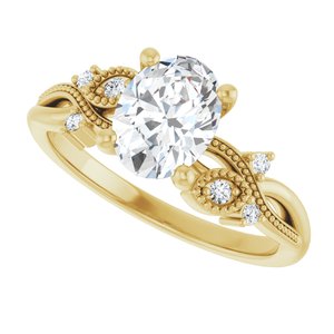 14K Yellow Gold 8x6 mm Oval Accented Floral Engagement Ring. 126064:616:P
