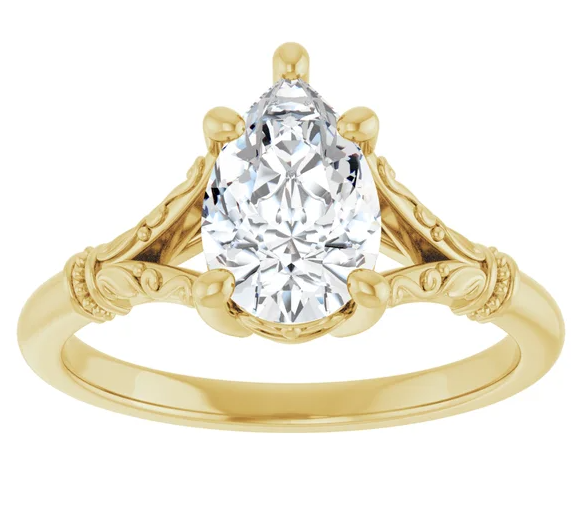 14K Yellow Gold 9x6 mm Pear Solitaire Accented Engagement Ring. 124648:1126:P
